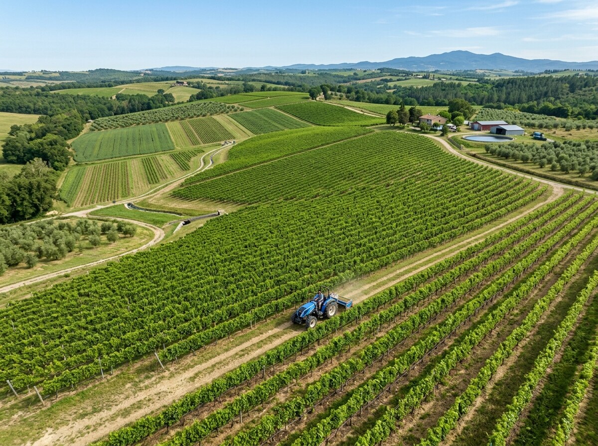 Aerial view of green crop rows and a tractor on agricultural land