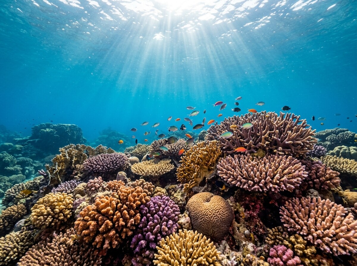 Coral reef and tropical fish in clear blue water