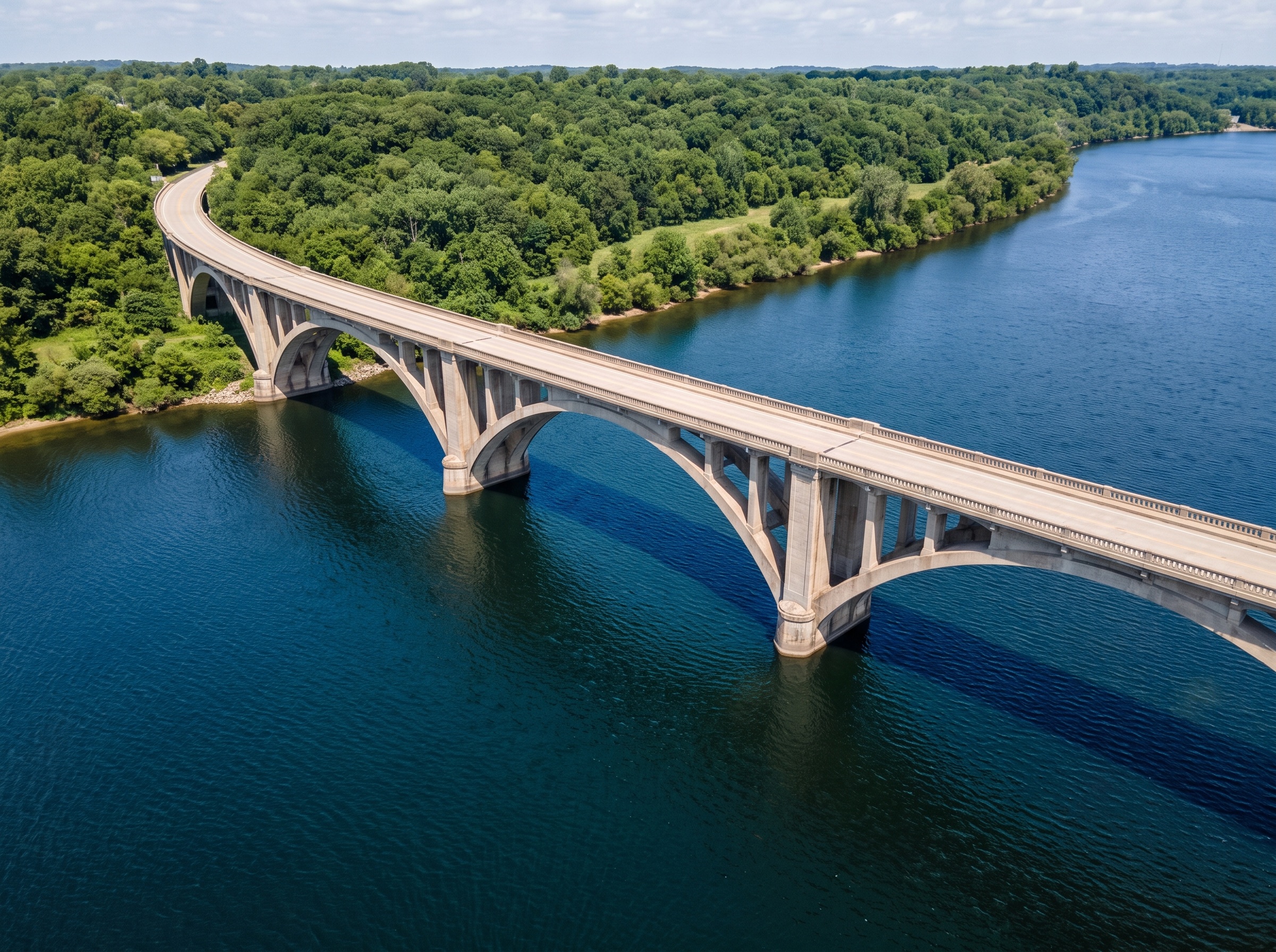 Concrete bridge crossing blue water beside a green shoreline