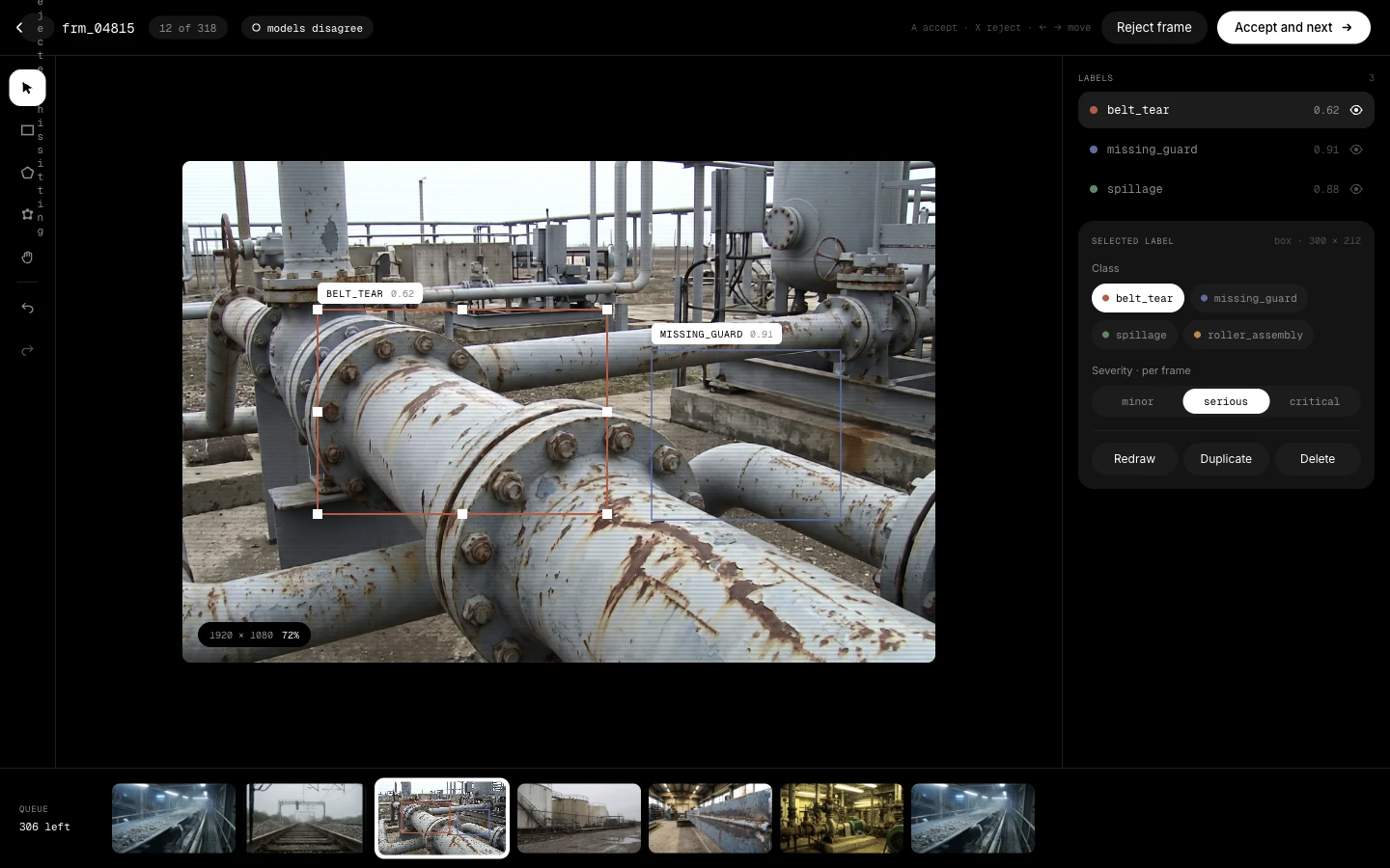 Sythic annotation editor showing a flagged industrial frame and its labels