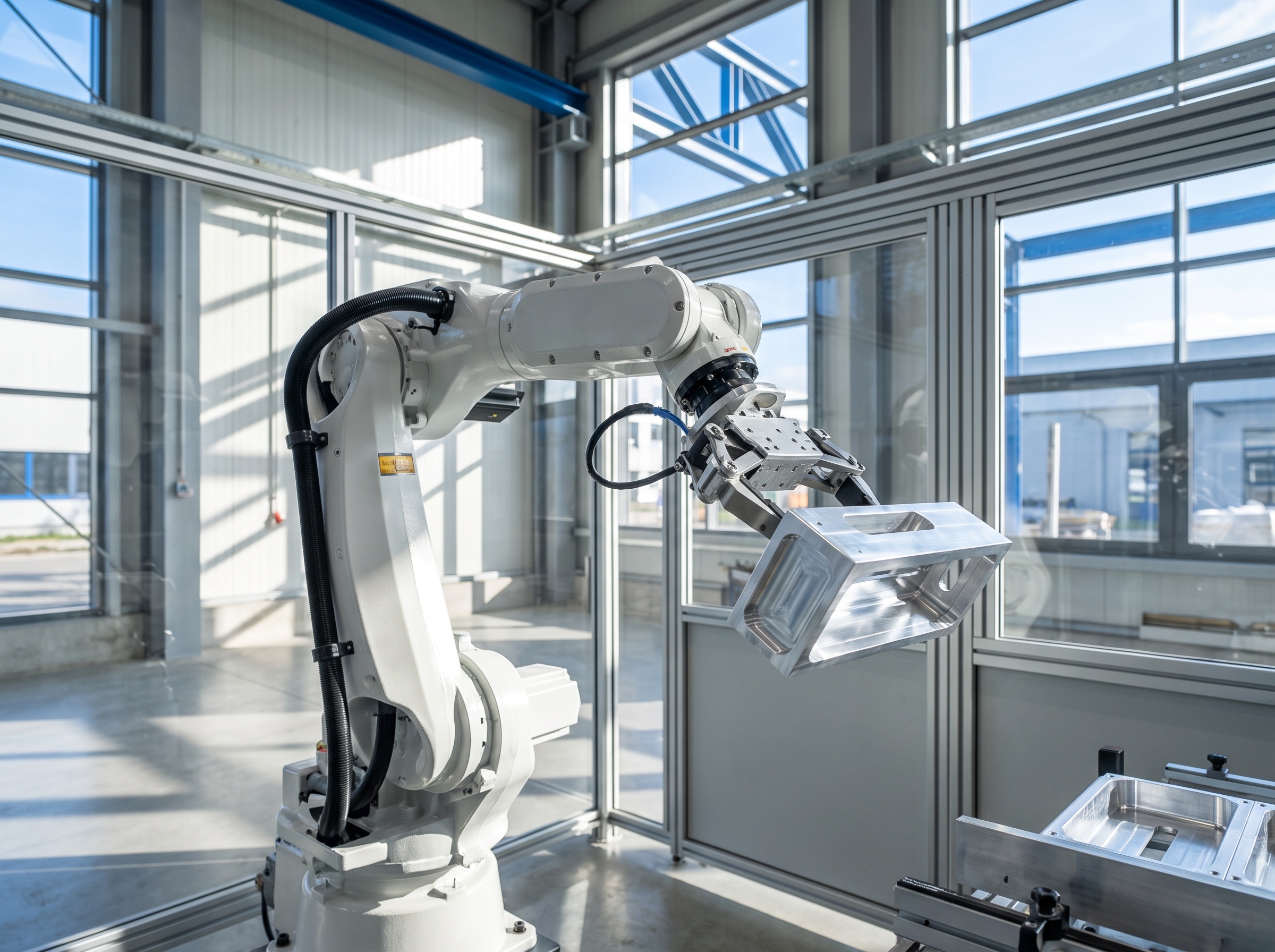 Robotic gripper positioning a machined component in a modern factory